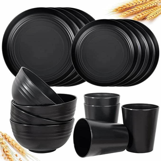 LIYH 16 Pcs Black Wheat Straw Dinnerware Set - Unbreakable Plates and Bowls Sets Dish Sets for 4 Black Plastic Dinnerware Set Include Wheat Straw Dinner Plates Bowls Cups Kitchen &amp Camping