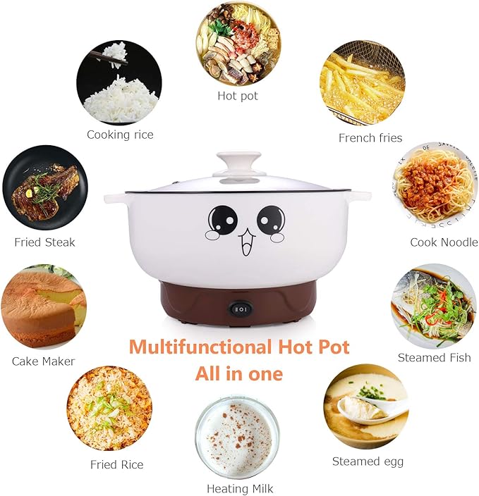 Electric Skillet 4-in-1 Multifunctional Electric Cooker Skillet Grill Pot for Cooking Rice Hotpot Soup Steam Eggs Fried Noodles Small Kitchen Cooker Non-Stick (2.8L without Steamer)