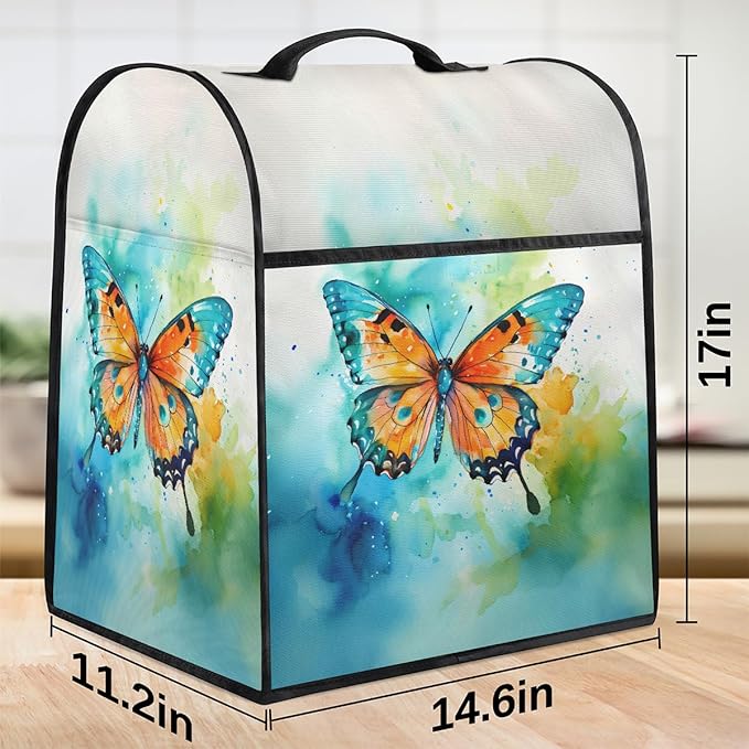 Kitchen Aid Mixer Cover Watercolor Butterfly Animal Stand Mixer Cover Compatible with 6-8 Quarts Stand Mixers Dust Covers with Zipper Pocket Foldable Washable Kitchen Aid Organizer Bag