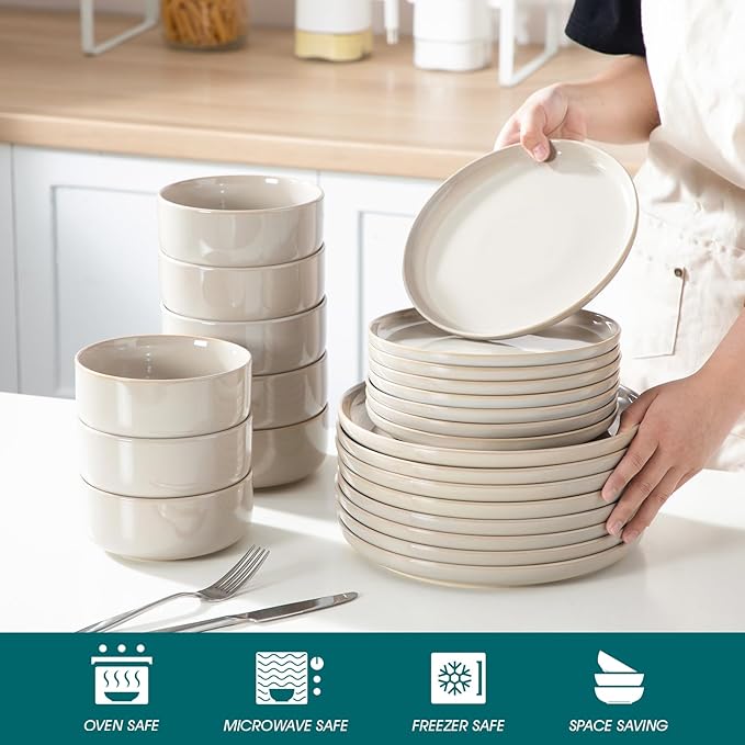 vancasso PLAYA Ceramic Plates and Bowls Sets24 Pieces Grey Dinnerware Sets for KitchenReactive Glaze Dishes Set for 8 Dishwasher and Microwave Safe