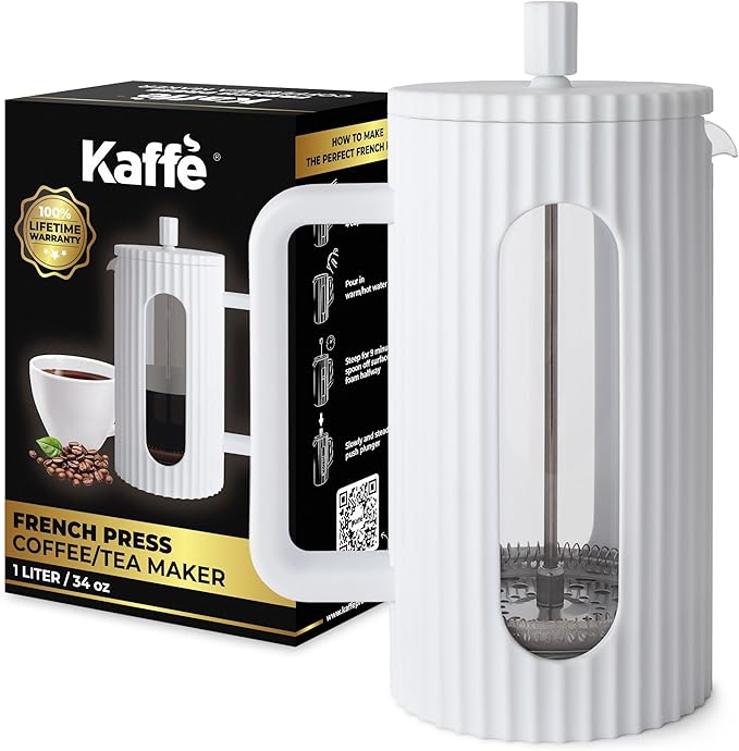 Kaffe French Press Coffee Maker (34oz / 1L) - Borosilicate Glass and BPA-Free Plastic Coffee Press - White - Lightweight Travel &amp Camping Coffee Maker