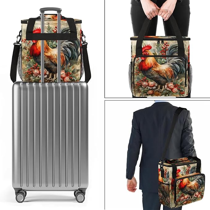 Farmhouse Rooster Coffee Maker Travel Bag for Keurig K-Mini/K-Mini Plus Insulated Waterproof Tote with Pockets for K-Cup Portable Single-Serve Brewer Case