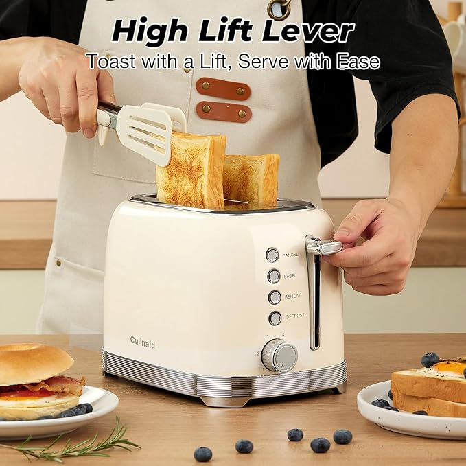 Toaster 2 Slice Retro Stainless Steel with 1.5” Extra Wide Slots Bagel Defrost Reheat Cancel Functions 6 Bread Shade Settings Removable Crumb Tray Cream White