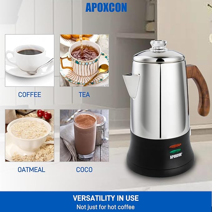 Electric Coffee Percolator Stainless Steel Coffee Maker with Tough Glass Clear Brew Progress Knob &amp On/OFF Switch Keep Warm Cordless Serve for Home and Hotel Room Use Gift Box Packaging 6 Cup