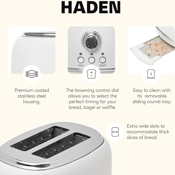 Haden Heritage 2-Slice Wide-Slot Toaster Stainless-Steel Bread Toaster with Adjustable Browning Control Non-Slip Feet &amp Crumb Tray Ivory &amp Chrome