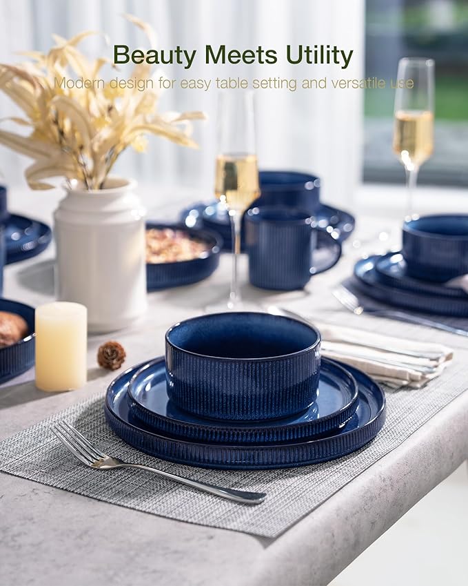 Famiware Star Dinnerware Set with Mugs Service for 6 (24 Pieces) Ribbed Stoneware Plates and Bowls Dishes Sets - Chip &amp Scratch Resistant Microwave &amp Dishwasher Safe Nebulas Blue