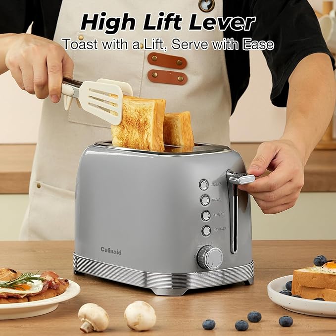 Toaster 2 Slice Retro Stainless Steel with 1.5” Extra Wide Slots Bagel Defrost Reheat Cancel Functions 6 Bread Shade Settings Removable Crumb Tray Gray