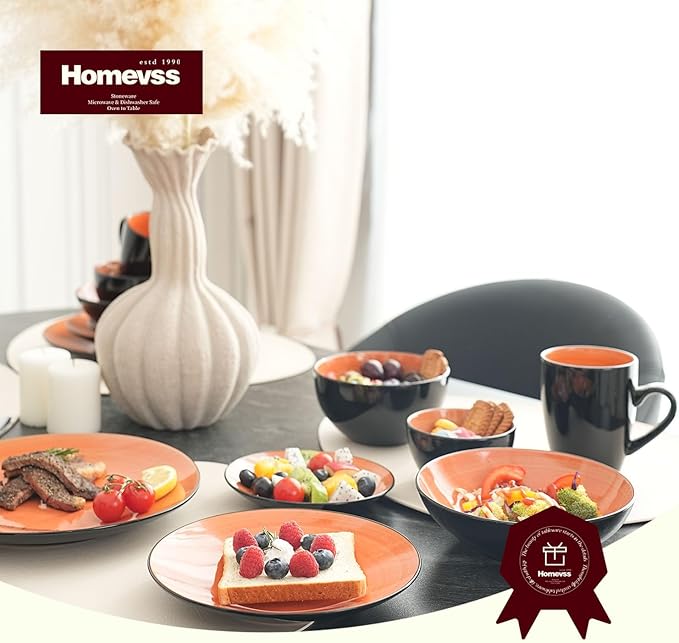 Stoneware Sonoma Dinnerware Set Black + Speckled Spin Wash (56pc Set Orange)