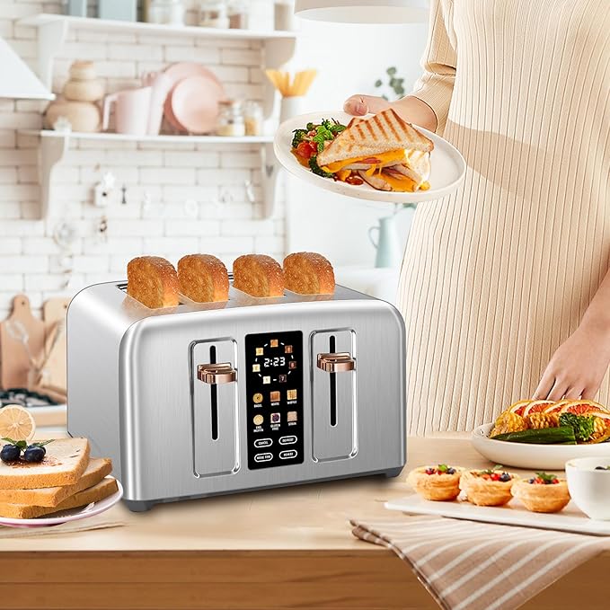 SEEDEEM Toaster 4 Slice Stainless Toaster &amp Touch Control LCD Display 6 Bread Type 7 Shade Settings 1.5'' Wide Slots Cancel/Defrost/Reheat Removable Crumb Tray 1800W Silver Metallic