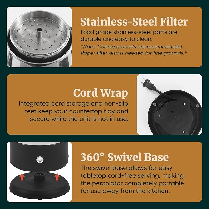 Elite Gourmet EC812 Electric 12-Cup Coffee Percolator with Keep Warm Clear Brew Progress Knob Cool-Touch Handle Cord-less Serve Stainless Steel