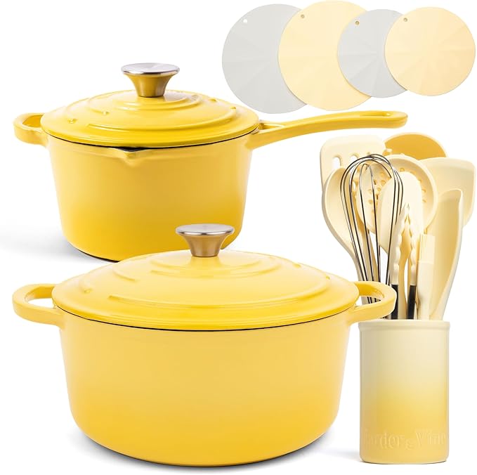 Larder &amp Vine 20 Piece Cookware Set (Limoncello) | Dutch Oven Utensil Set Saucepan and Trivets