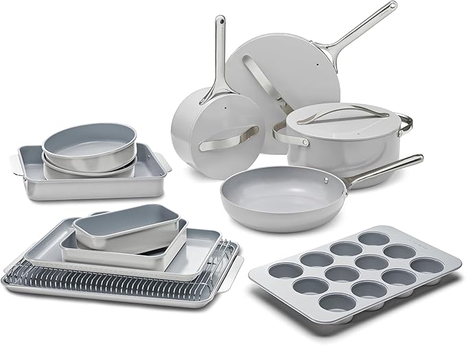 Caraway 23-Piece Nonstick Ceramic Cookware &amp Bakeware Set – Pots Frying Pans Lids Baking Sheets Pans Cooling Rack &amp Storage – Oven Safe Non-Toxic – Compatible with All Stovetops - Gray