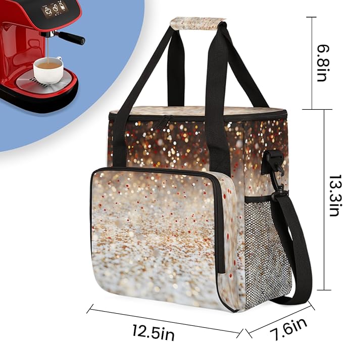 Glitter Coffee Maker Carrying Bag Gold Sequin Portable Travel Storage Tote Bag Compatible with K-Mini or K-Mini Plus Single Serve Coffee Brewer Carrying Case with Multiple Pockets &amp Shoulder Str