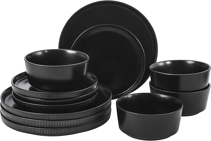 Gibson Home Dempsey Road 12-Piece Stoneware Dinnerware Set – Service for 4 Round Black Plates and Bowls Durable Solid Color Modern Embossed Dish Set Microwave &amp Dishwasher Safe