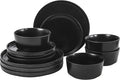 Gibson Home Dempsey Road 12-Piece Stoneware Dinnerware Set – Service for 4 Round Black Plates and Bowls Durable Solid Color Modern Embossed Dish Set Microwave &amp Dishwasher Safe