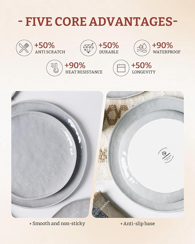 Famiware Porcelain kitchen plates and bowls set Modern dishes set for 6 Handmade Wave Edge Dinnerware Sets Microwave and Dishwasher Safe Tableware Sleek Grey (24pc)