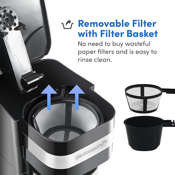 Elite Gourmet EHC113 Personal Single-Serve Compact Coffee Maker Brewer Includes 14Oz. Stainless Steel Interior Thermal Travel Mug Compatible with Coffee Grounds Reusable Filter Black