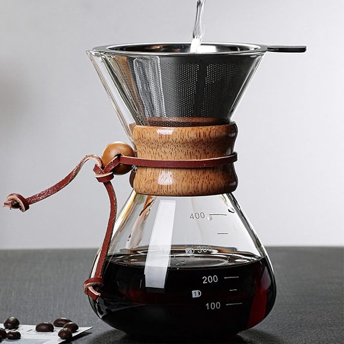AYNEFY Pour Over Coffee Maker 400ml Double Layer Filter V Spout Wooden Sleeve Coffee Brewer Coffee Pot Borosilicate Glass Carafe Drip Coffee Maker for Home Cafe Party