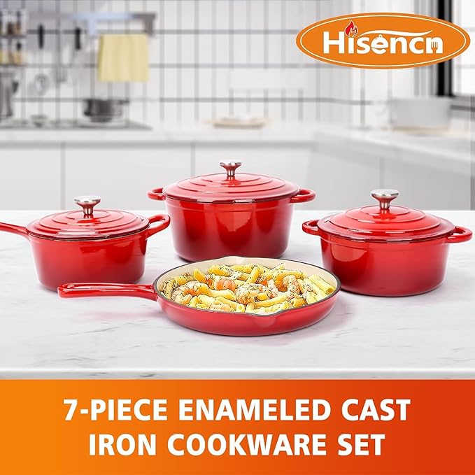 Hisencn Enameled Cast Iron Cookware Set - 7 Piece Dutch Ovens Set Sauce Pan Skillet 3 Lids Pots and Pans Set Ceramic Coated Cast Iron Heavy Duty Gas/Induction Compatible PFA Free Rouge Red