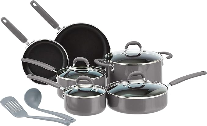 Amazon Basics Aluminum Cookware Set with Stay-Cool Handles Dishwasher and Oven Safe 12-Piece Pots Pans and Utensils with Lids Gray
