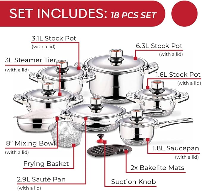 18-Piece Stainless Steel Cookware Set Includes Induction Compatible Fry Pots Pans Saucepan Casserole