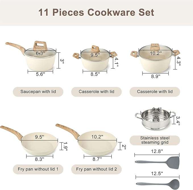 FAB&ampDELUXE 11Pcs Nonstick Cookware Set Aluminum Nonstick Pots and Pans with Lids &amp Wooden Handles Silicone Spoons &amp Spatulas Non-toxic Healthy Kitchen Cooking Sets PFAS &amp PFOA Free