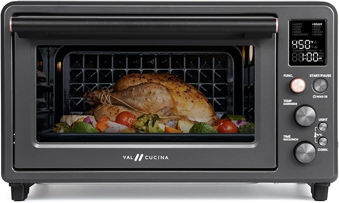 VAL CUCINA Infrared Heating Air Fryer Toaster Oven Combo Non-toxic Enamel-coated Interior 26.3 QT Countertop Convection Oven 10-in-1 Combo 6-Slice Toast 12-inch Pizza with Enamel Baking Pan