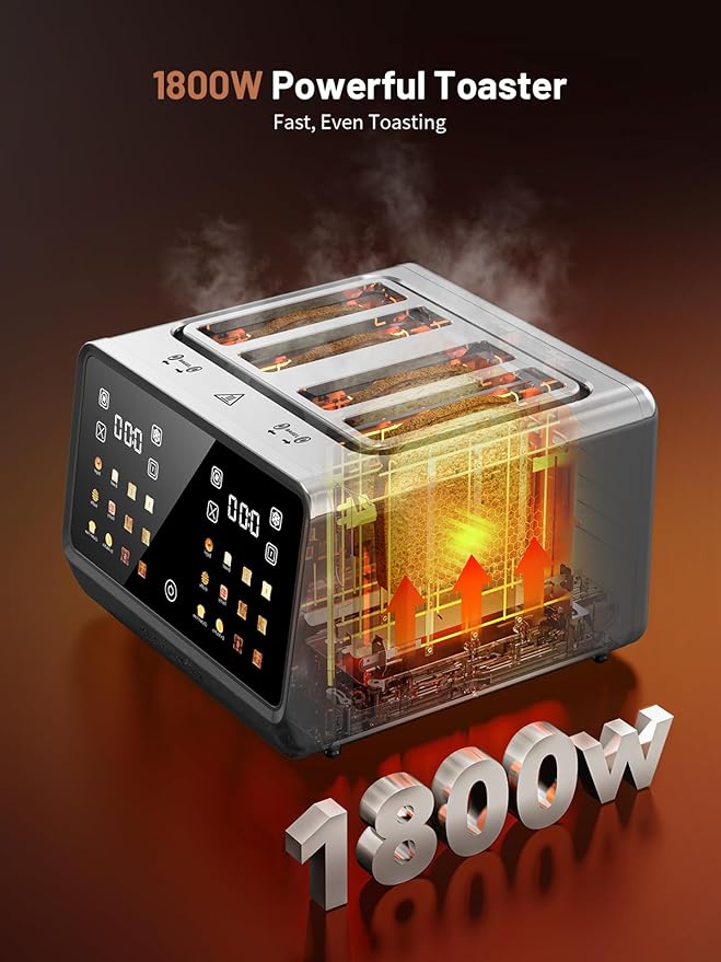 4 Slice Toaster with Touch Screen Stainless Steel Smart Bread Toaster 1.5 Wide Slots 6 Shade Settings &amp 6 Bread Types for Bagels Timer Single Slice Toasting Reheat Defrost 1800W