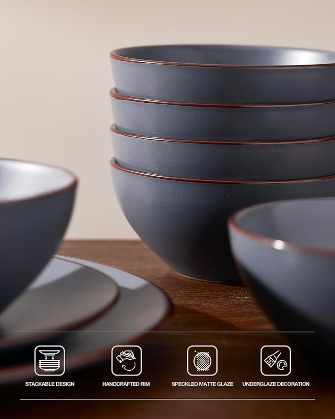 Famiware Venus Plates and Bowls Sets 18 Pieces Stoneware Speckled Dinnerware Dishes Set for 6 Matte Charcoal - Microwave &amp Dishwasher Safe Modern Minimalist for Everyday Meals &amp Formal Din
