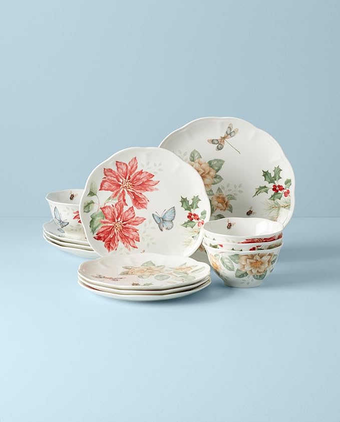 Lenox 884473 Butterfly Meadow Holiday 12-Piece Dinnerware Set Christmas Hosting