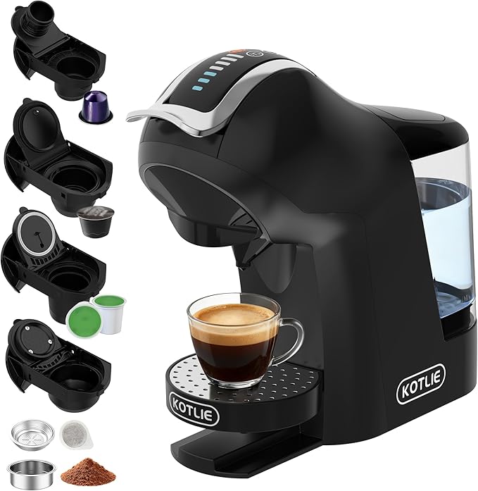 KOTLIE EM-308B Espresso Machine Single Serve Coffee Maker Compatible with Multiple Capsule Types Ground Coffee and ESE Pods 3 Temperatures 7 Water Volume Levels 34 Oz (Black)