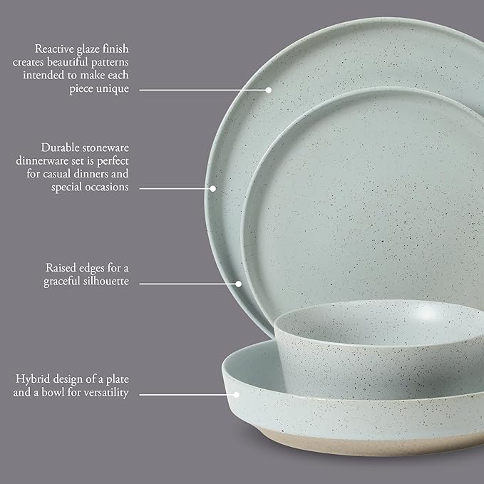 Gibson Elite Overbrook 16-Piece Pottery Clay Stoneware Dinnerware Set – Light Blue Reactive Glaze Stackable Plates and Bowls w/Pasta Bowl Service for 4 – Microwave &amp Dishwasher Safe
