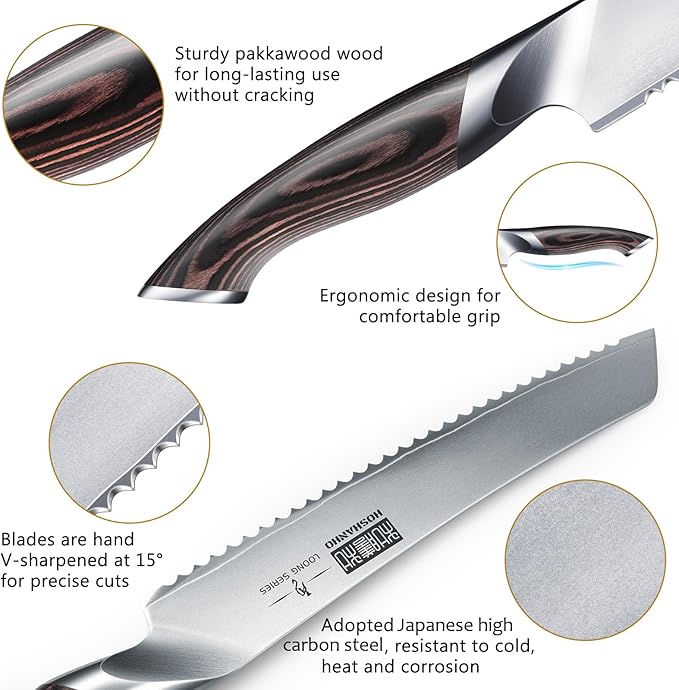 HOSHANHO Bread Knife 8 inch Japanese High Carbon Stainless Steel Serrated Bread Knife Professional Bread Cutting Knife for Homemade Bread