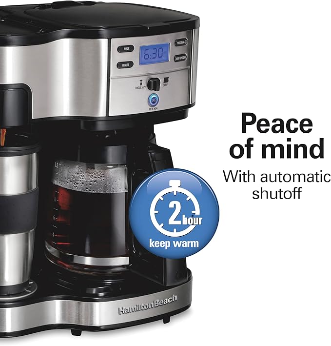 Hamilton Beach 2-Way Programmable Coffee Maker 12 Cup Glass Carafe And Single Serve Coffee Maker Black with Stainless Steel Accents 49980RG
