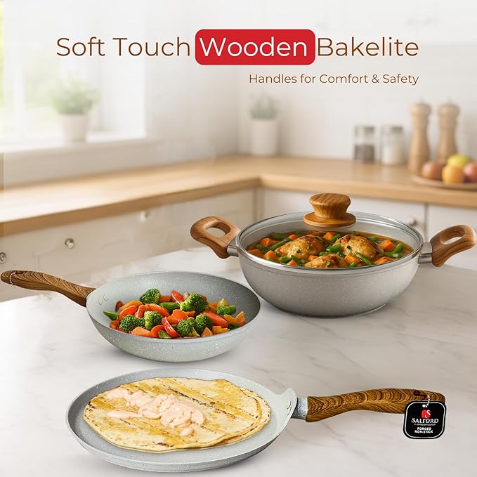 SALFORD Non-Stick Pots and Pans Cookware Set (3+1 piece)- Kitchen Cooking Sets Aluminium Deep Frying Pan + Skillet + Crepe pan Induction Compatible &amp Gas (PFOS PFOA Free)