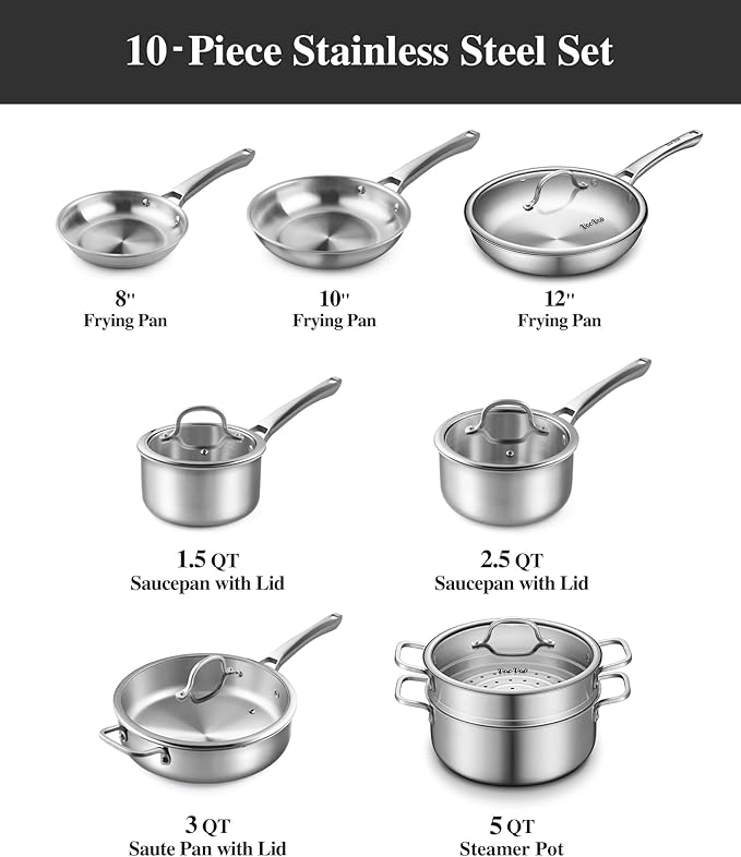 Stainless Steel Cookware SetTir-Ply Pots and Pans Set13 Pcs Stainless Steel Induction Kitchen Cookware SetsPFOA Free Frying Pans Butter warmerSaute Pan &amp Stock PotCompatible with All Cookto