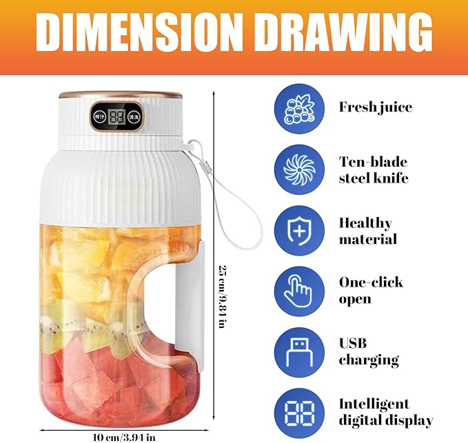 Blender Portable Juicer 1200ml 2-in-1 Portable Blender Cup with Digital Display USB Rechargeable Juicer with Ergonomic Grip for Shakes &amp Juice