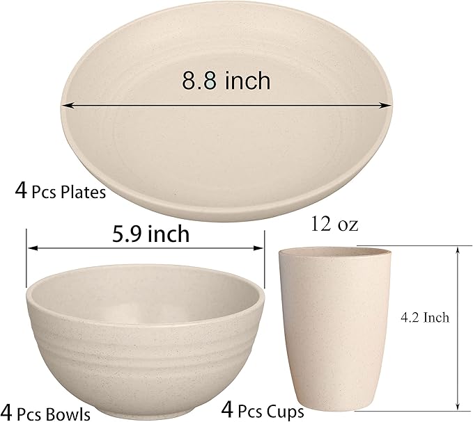 LuckyZone Wheat Straw Dinnerware Sets for 4 (Reusable Plates Bowls &amp Cups) - Lightweight Unbreakable Dinner Camping Dishes - Dishwasher &amp Microwave Safe Eco Friendly(12Pcs/Beige)