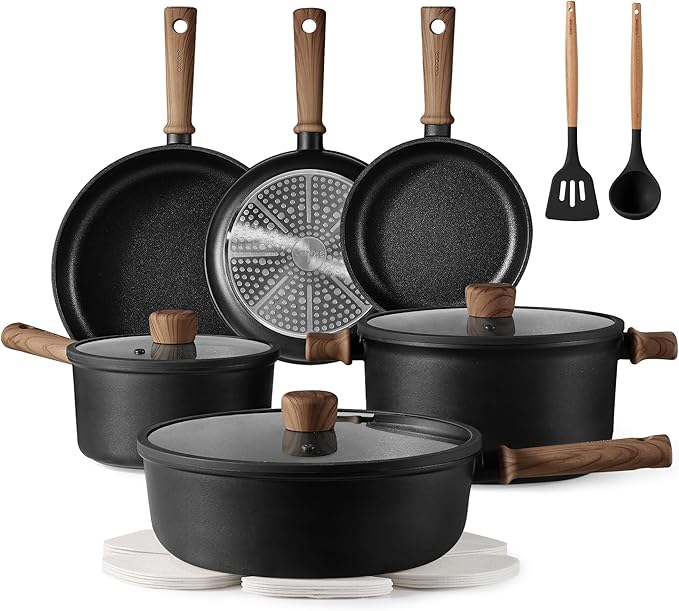 CAROTE Nonstick Pots and Pans Induction Cookware Set 16pcs Kitchen Cooking Sets Pot and Pan Non Stick w/Frying pan (PFOS PFOA Free)