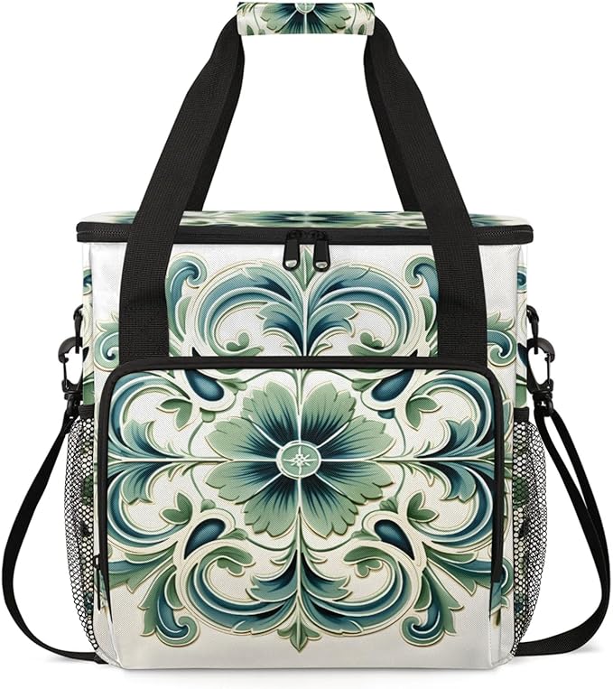 Green Floral Design Coffee Maker Travel Bag for Keurig K-Mini/K-Mini Plus Insulated Waterproof Tote with Pockets for K-Cup Portable Single-Serve Brewer Case