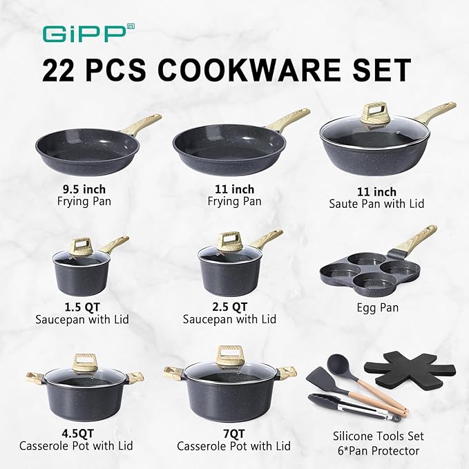 GiPP Pots and Pans Set Non Stick - 22 Pcs Grey Granite Kitchen Cookware Sets Nonstick Induction Cookware Non-toxic Cooking Pan Set with Lids PFOS and PFOA Free