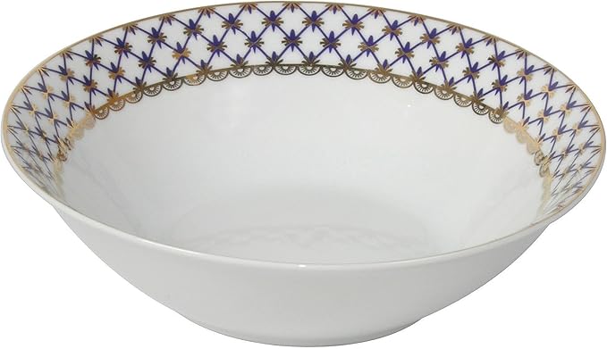 Lorren Home Trends 57-Piece Porcelain Dinnerware Set with Cobalt Blue Lattice Border Service for 8 Gold