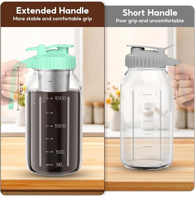 Cold Brew Coffee Maker Jar - 2 Pack 64 oz Glass Cold Brew Maker with Handle Stainless Steel Filter &amp Leak-Proof Lid Heavy Duty Cold Brew Pitcher for Iced Coffee Sun Tea and Milk