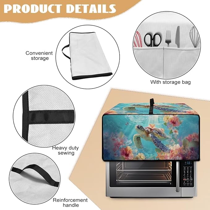 Sea Turtle Print Toaster Oven Air Fryer Cover Hibiscus Starfish Print Bread Maker Machine Covers with Side Pockets Kitchen Small Appliance Cover S