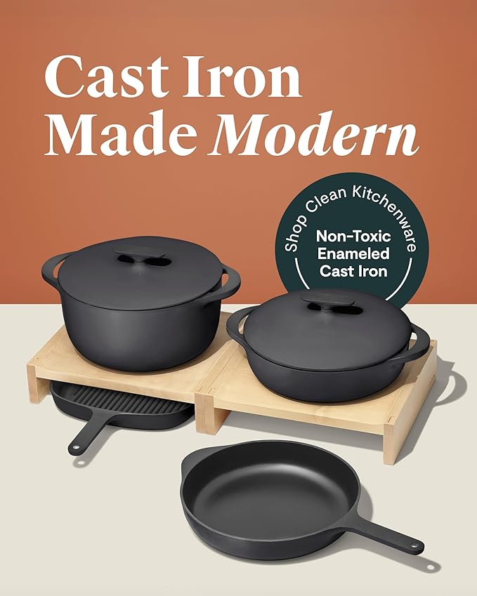 Caraway 8-Piece Enameled Cast Iron Set - 10.5” Skillet Grill Pan 3.5 qt Braiser Pan 6.5 qt Dutch Oven with Lid and Organizers - Non-Toxic 3-Layer Enamel Coating - No Seasoning Required - Charcoal