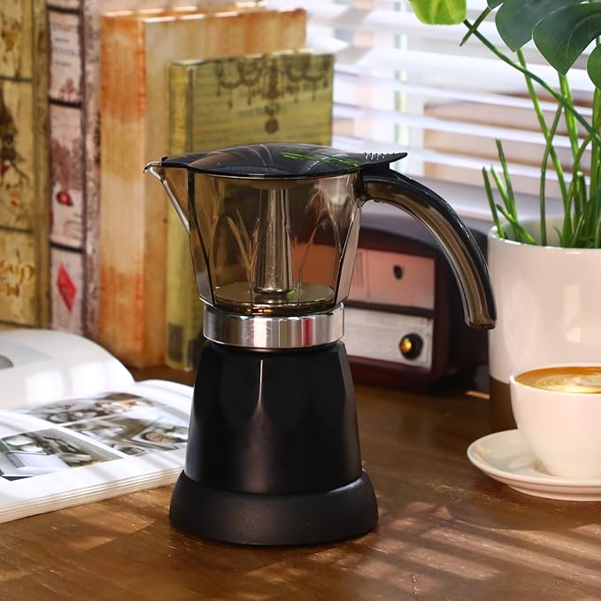 Electric Espresso Maker Transparent Coffee Maker Electric Moka Pot Portable Aluminum Espresso Machine Italian Moka Pot with Detachable Base Coffee Gift for Women Men Home Travel(Black6 Cup)