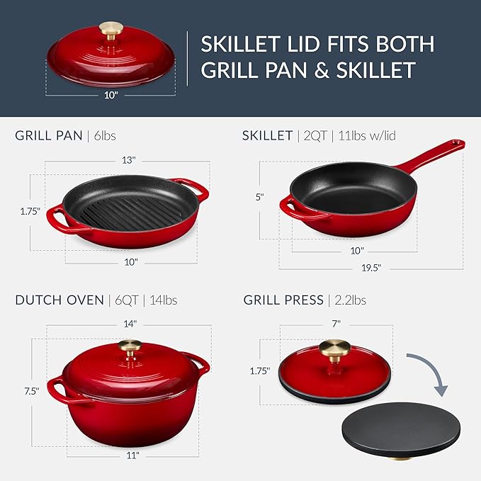 Best Choice Products Non-Stick Pot &amp Pan Cookware Set Cast Iron 2Qt Skillet W/Lid 10 Grill Or Griddle Pan W/Press 6Qt Enameled Dutch Oven Non-toxic For Cooking &amp Grilling - Red