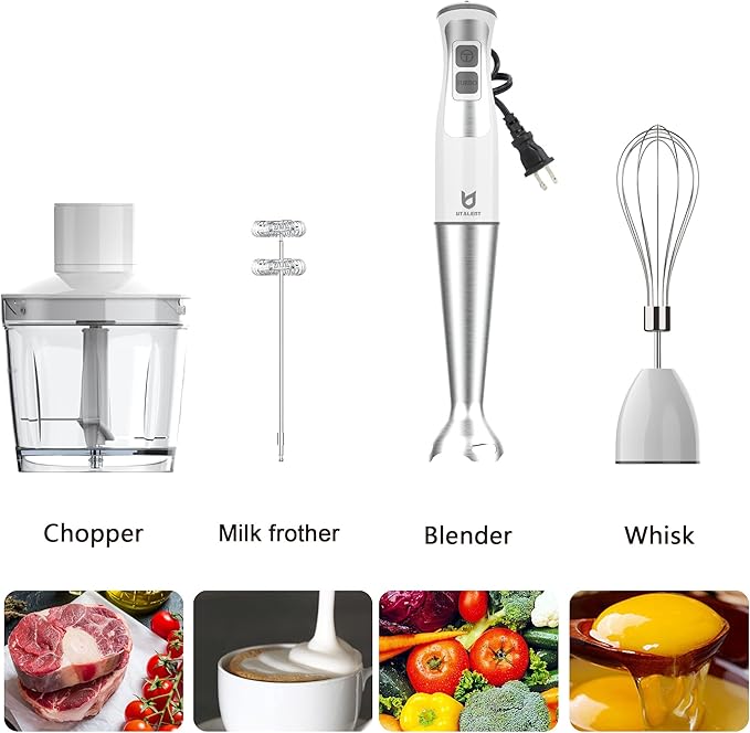 Immersion Hand Blender UTALENT 5-in-1 8-Speed Immersion Blender with 500ml Food Grinder 600ml ContainerMilk FrotherEgg WhiskPuree Infant Food Smoothies Sauces and Soups - White