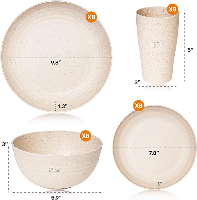 Wheat Straw Dinnerware Sets | Unbreakable Dinnerware Sets | Dishwasher Microwave Safe Dinnerware | Eco Friendly Non Breakable Dinnerware Sets | RV Outdoor Camping (Beige Service for 8 (32 pcs))
