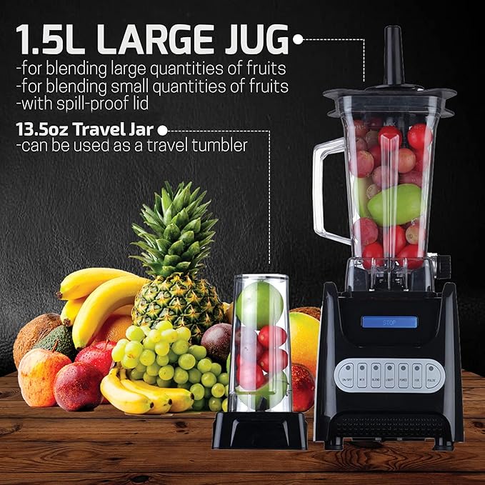 OVENTE Kitchen Countertop Blender with Dispenser Stainless Steel Blade &amp 1.5L BPA-Free Portable Easy Clean Jar 1000 Watt Base Powered Electric Mixer for Smoothie Protein Shakes Black BLH1000B